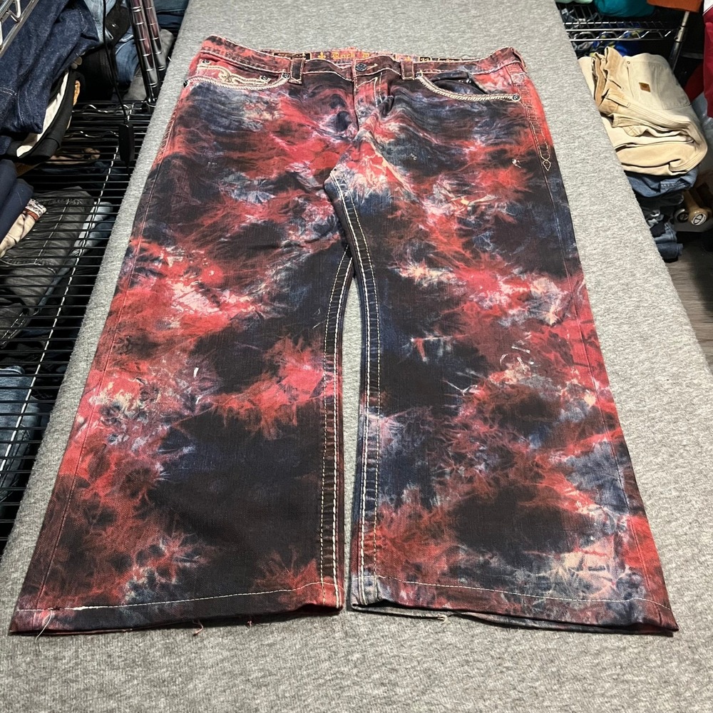 Rock Revival Dan Alt Straight TieDye Jeans Red Black Mens 44x30 baggy Distressed - Picture 5 of 6